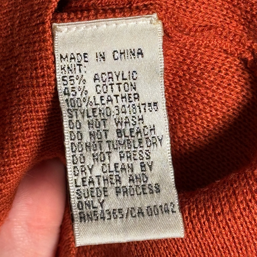Leather Stitch Panel Cardigan Button Sweater Burnt Orange Modest Layering XL - Picture 6 of 6